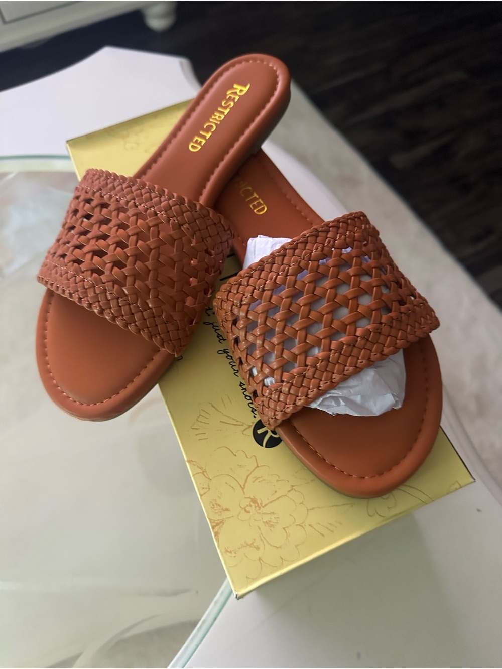 Restricted Woven Slide Sandals in Cognac Brown